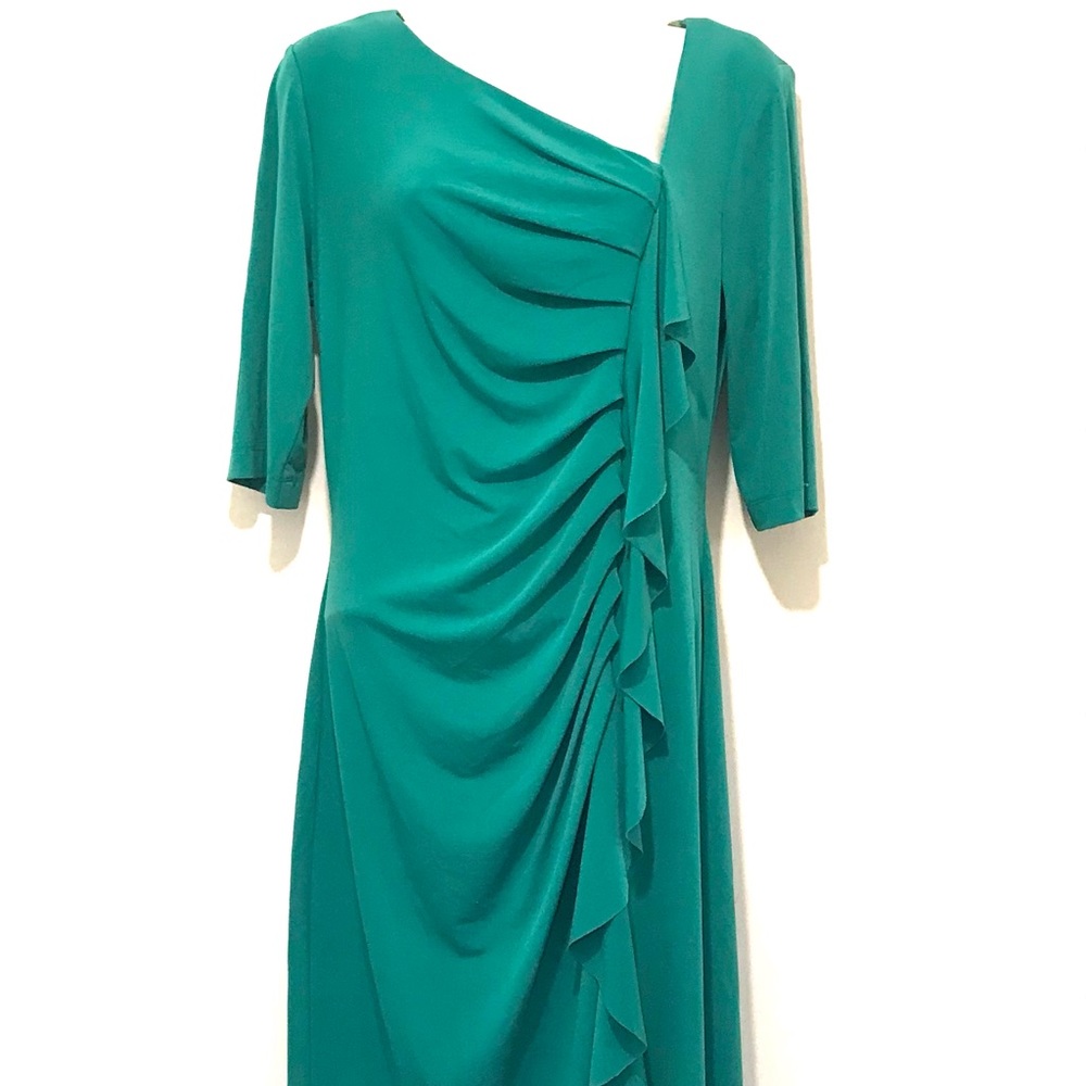 Connected Apparel Green Dress Bodycon Sheath Draped Rouched front Size 10 NWOT